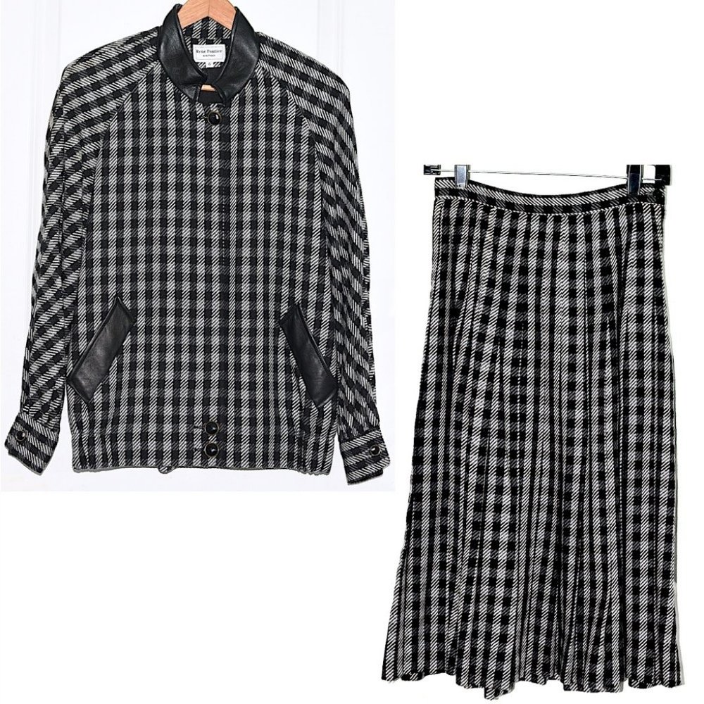 Rene Pontier Boutique Vtg 90s Leather Trim 80% Wool Plaid Skirt Suit Made in USA